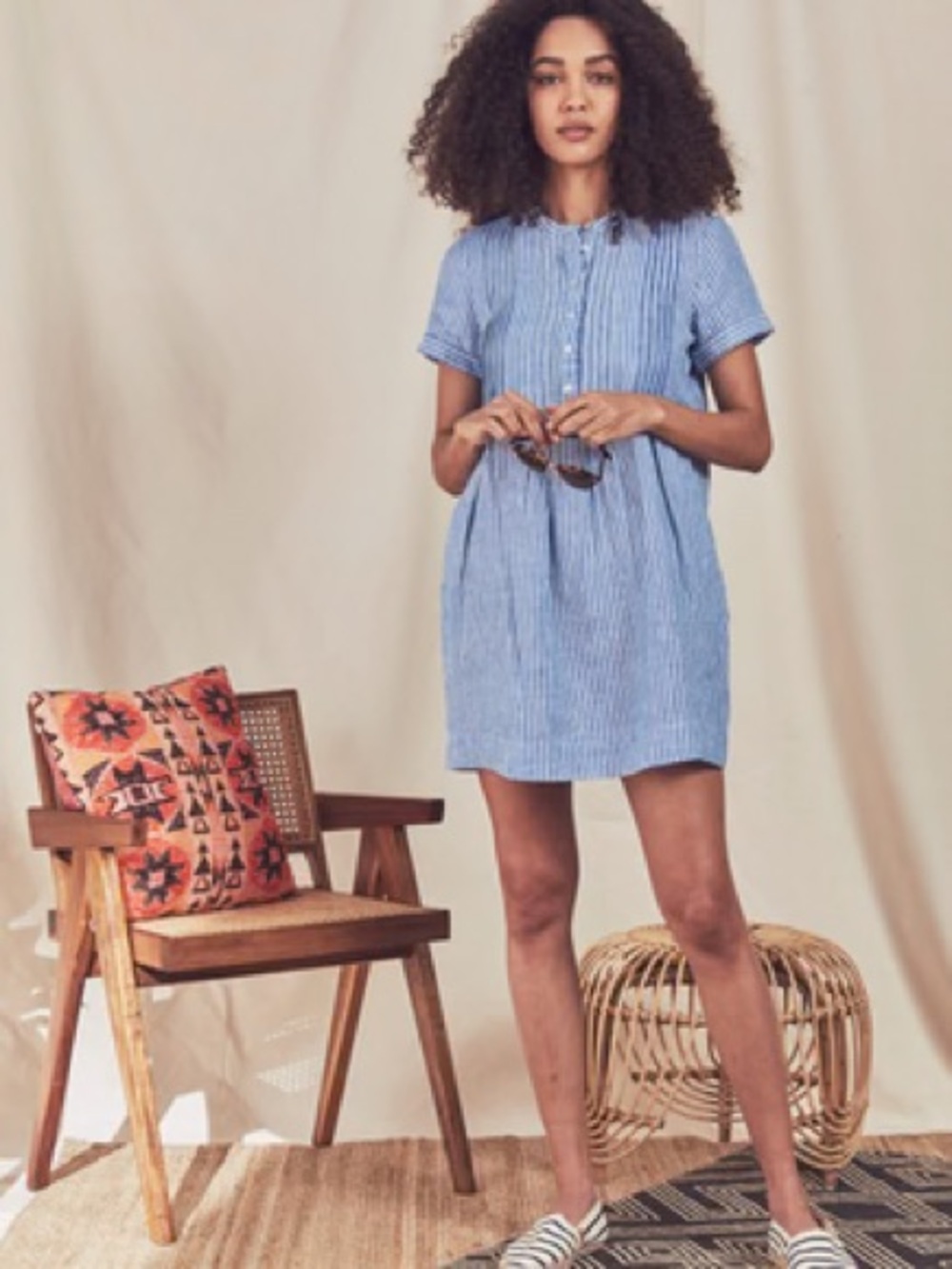 Faherty Gemina Linen Shift Dress Railroad Stripe XS